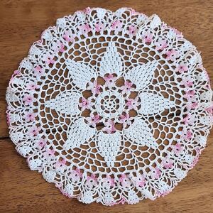 Handmade Crochet Doily in White and Pink